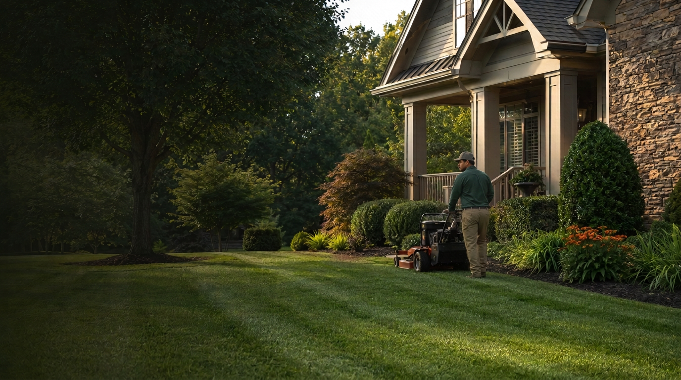 Landscaping crew mowing and maintaining a residential property in Charlotte, North Carolina.