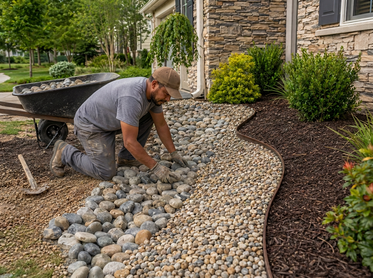 Worker placing river rock and gravel in a curved landscape bed along a home.