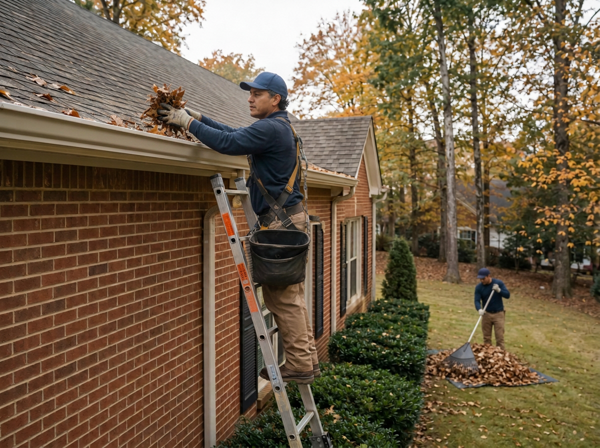 Worker cleaning leaves from a home's gutter while another handles leaf cleanup below.