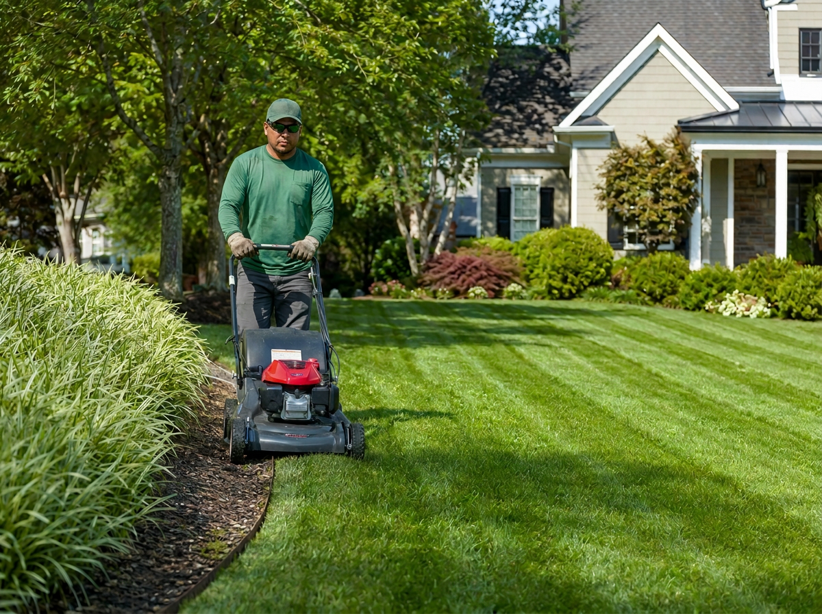 Lawn care professional mowing a striped residential lawn in front of a home.